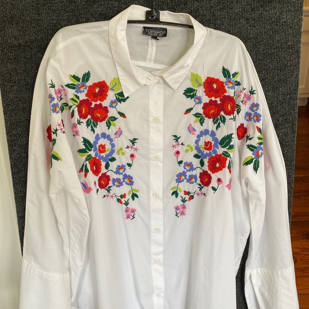 TOP SHOP EMBROIDERY COTTON BLOUSE  FLORAL RAGLAN SLEEVE OVERSIZE 12/14/16 XL 1XL